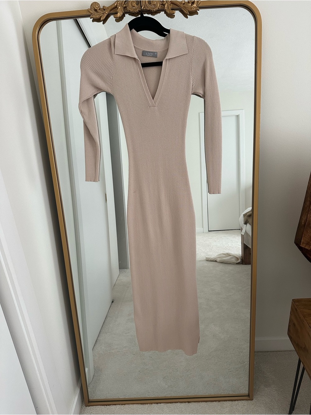 Long Ribbed Knit Polo Dress in crème